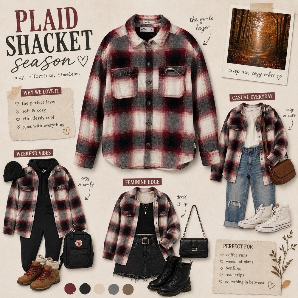 Hollister Plaid Shacket Women Medium Boyfriend Fit Flannel Jacket Red Button Up